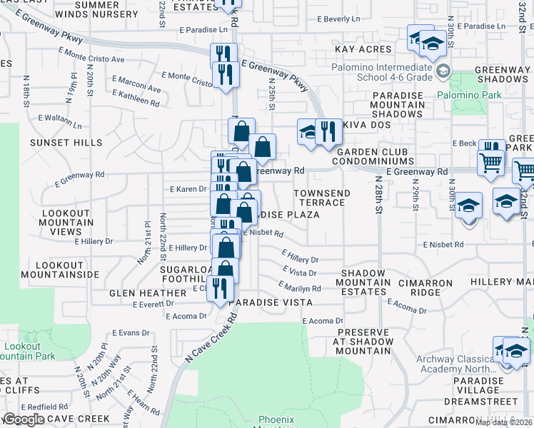 map of restaurants, bars, coffee shops, grocery stores, and more near 2440 East Blanche Drive in Phoenix