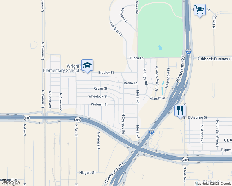 map of restaurants, bars, coffee shops, grocery stores, and more near 909 Xavier Street in Lubbock