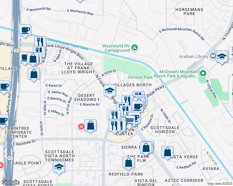 map of restaurants, bars, coffee shops, grocery stores, and more near 15151 North Frank Lloyd Wright Boulevard in Scottsdale