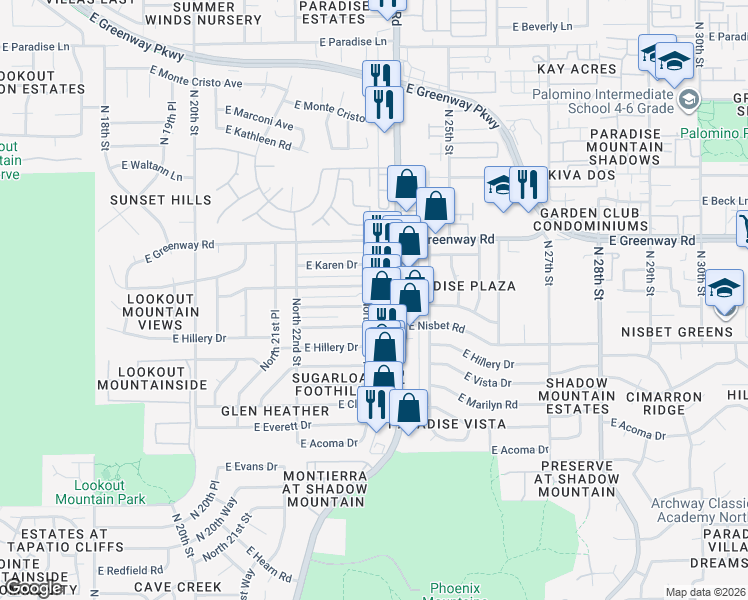 map of restaurants, bars, coffee shops, grocery stores, and more near 15049 North 23rd Place in Phoenix