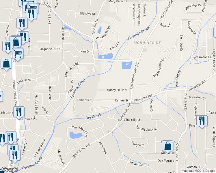 map of restaurants, bars, coffee shops, grocery stores, and more near 718 Sunny Lane Drive Northeast in Center Point