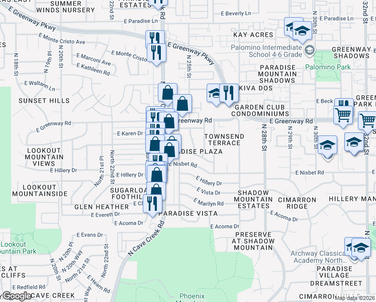 map of restaurants, bars, coffee shops, grocery stores, and more near 2440 East Blanche Drive in Phoenix
