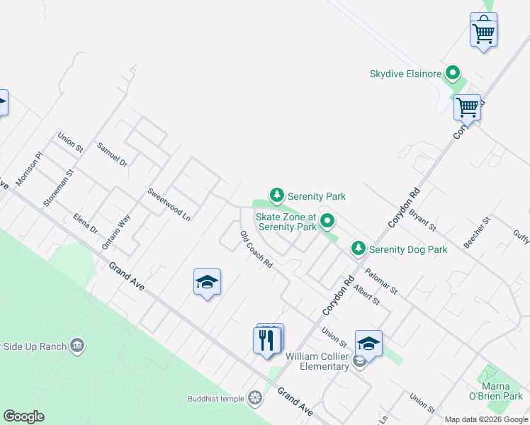 map of restaurants, bars, coffee shops, grocery stores, and more near 19630 Berrywood Drive in Lake Elsinore