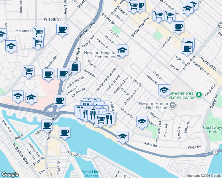 map of restaurants, bars, coffee shops, grocery stores, and more near 422 Redlands Ave in Newport Beach