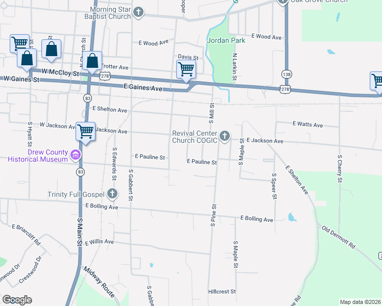map of restaurants, bars, coffee shops, grocery stores, and more near 338 South Texas Street in Monticello