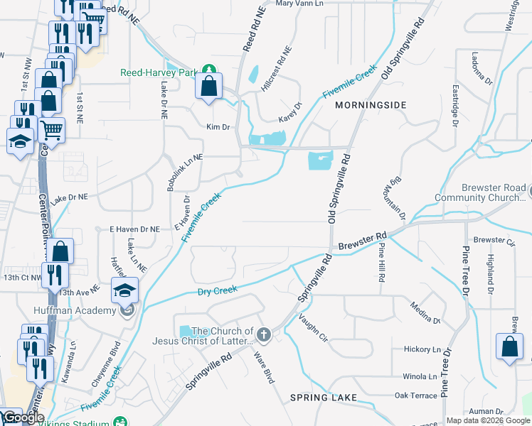 map of restaurants, bars, coffee shops, grocery stores, and more near 716 Sunny Lane Drive Northeast in Center Point