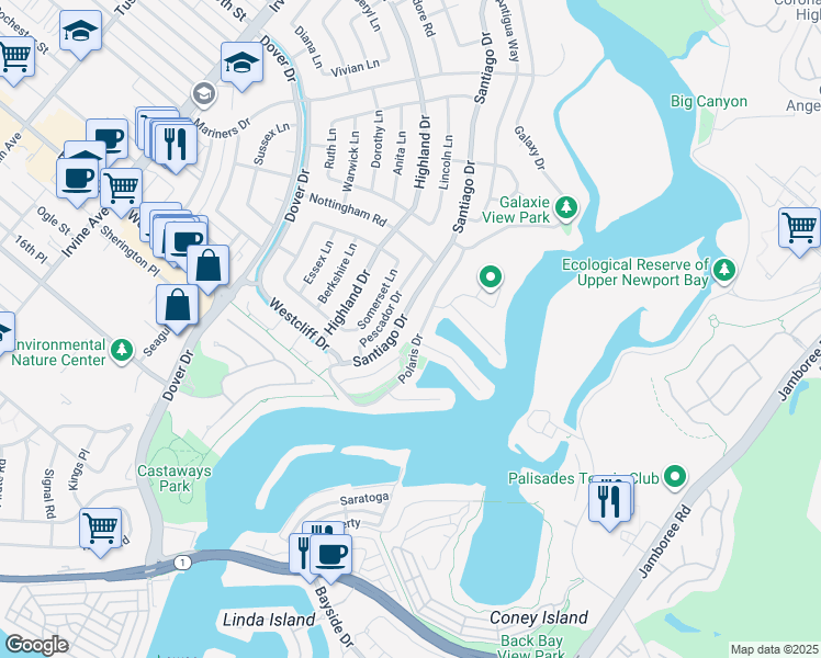 map of restaurants, bars, coffee shops, grocery stores, and more near 1072 Santiago Drive in Newport Beach