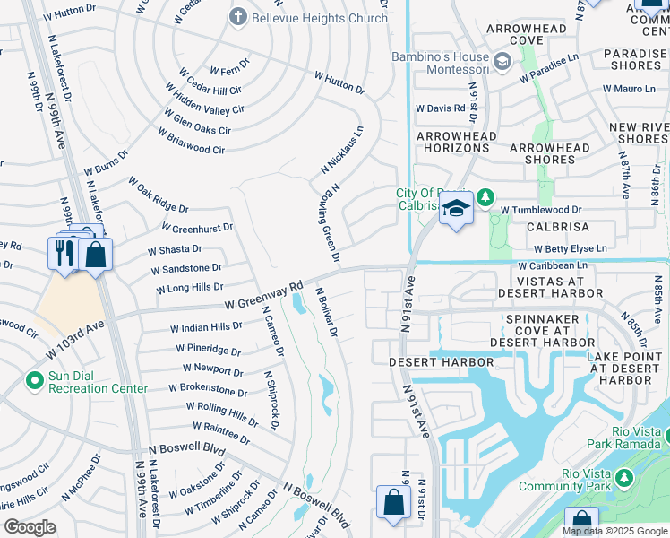 map of restaurants, bars, coffee shops, grocery stores, and more near 15402 North Bowling Green Drive in Sun City