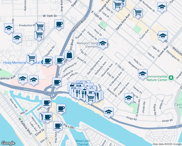map of restaurants, bars, coffee shops, grocery stores, and more near 414 San Bernardino Avenue in Newport Beach