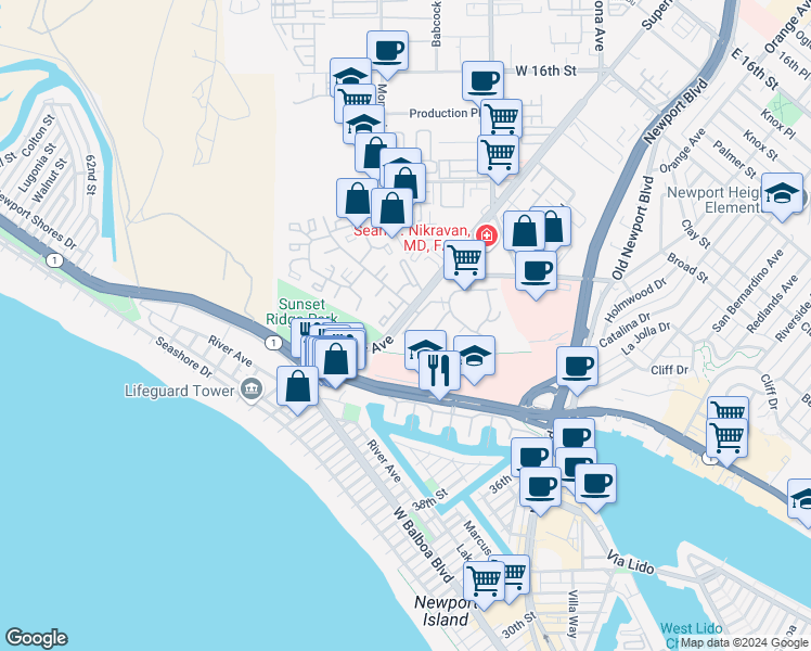 map of restaurants, bars, coffee shops, grocery stores, and more near 240 Nice Lane in Newport Beach