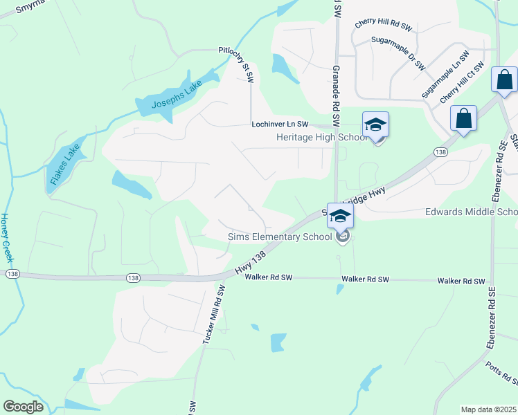 map of restaurants, bars, coffee shops, grocery stores, and more near 2519 Oak Creek Lane in Conyers