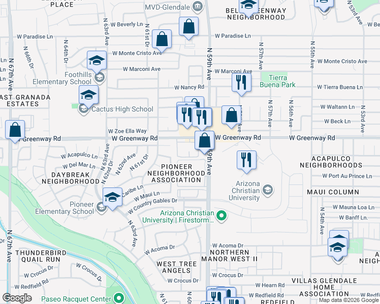 map of restaurants, bars, coffee shops, grocery stores, and more near 5959 West Greenway Road in Glendale