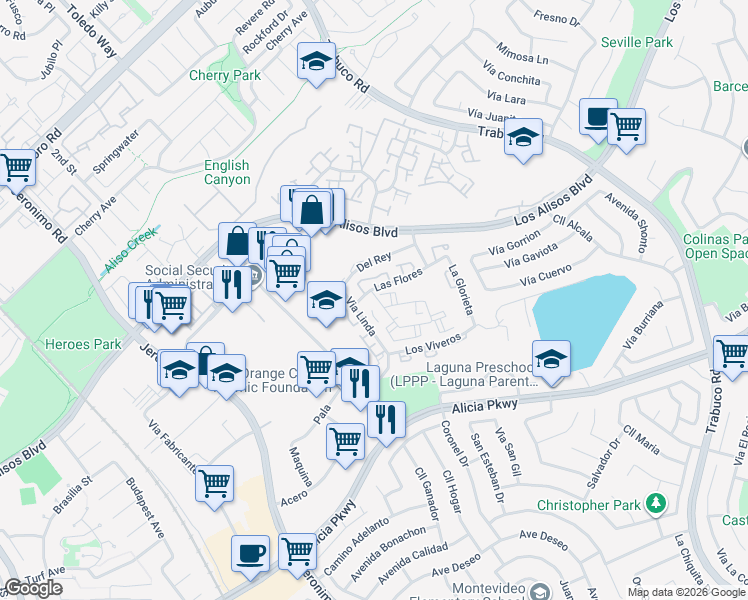 map of restaurants, bars, coffee shops, grocery stores, and more near 23321 La Crescenta in Mission Viejo