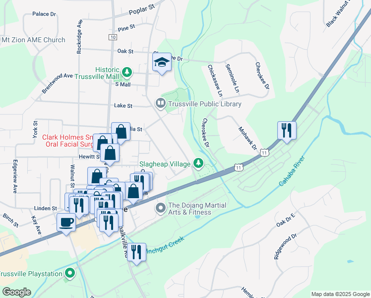 map of restaurants, bars, coffee shops, grocery stores, and more near 117 Parkway Drive in Trussville