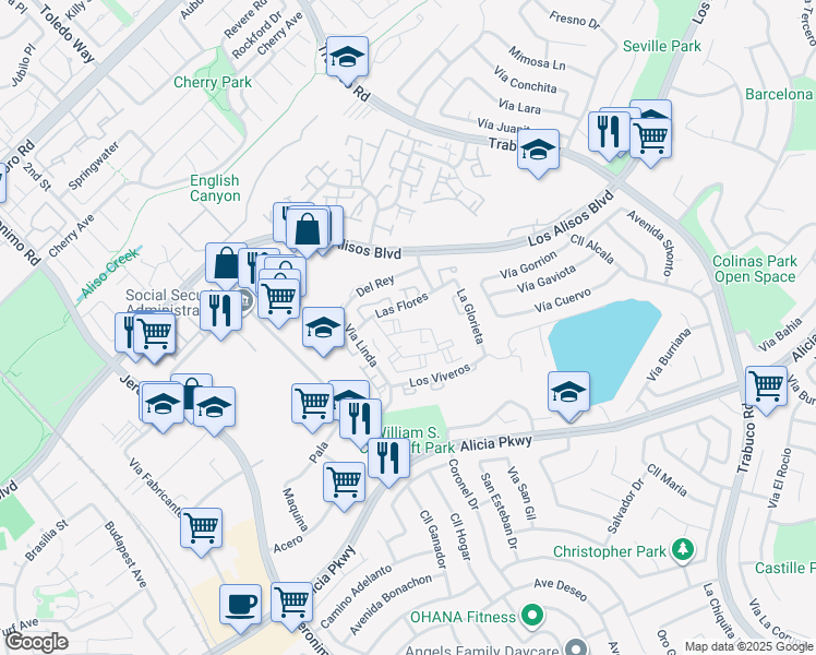 map of restaurants, bars, coffee shops, grocery stores, and more near in Mission Viejo