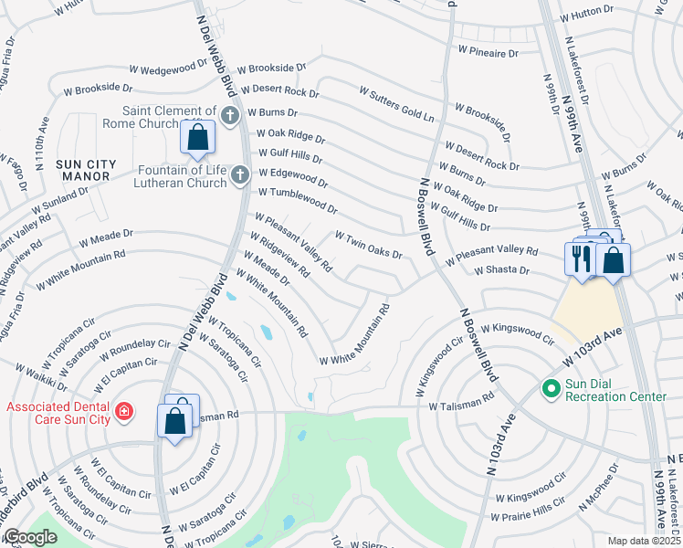 map of restaurants, bars, coffee shops, grocery stores, and more near 10338 West Charter Oak Drive in Sun City