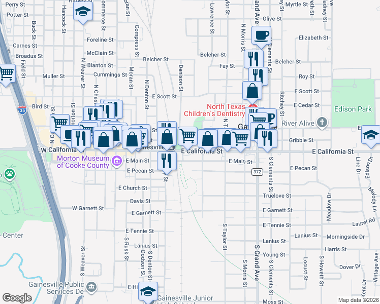 map of restaurants, bars, coffee shops, grocery stores, and more near 729 East Main Street in Gainesville