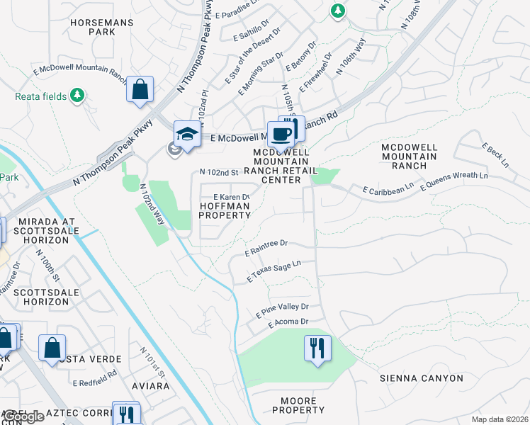 map of restaurants, bars, coffee shops, grocery stores, and more near 10412 East Hillery Drive in Scottsdale
