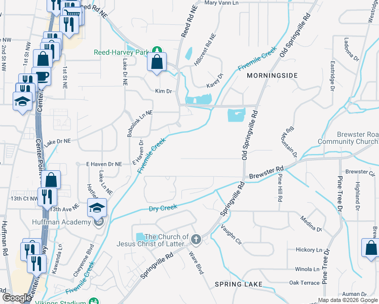 map of restaurants, bars, coffee shops, grocery stores, and more near 710 Sunny Lane Drive Northeast in Center Point