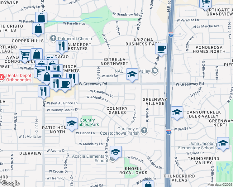 map of restaurants, bars, coffee shops, grocery stores, and more near 15202 North 30th Drive in Phoenix