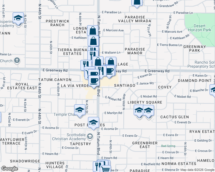 map of restaurants, bars, coffee shops, grocery stores, and more near 4826 East Blanche Drive in Scottsdale
