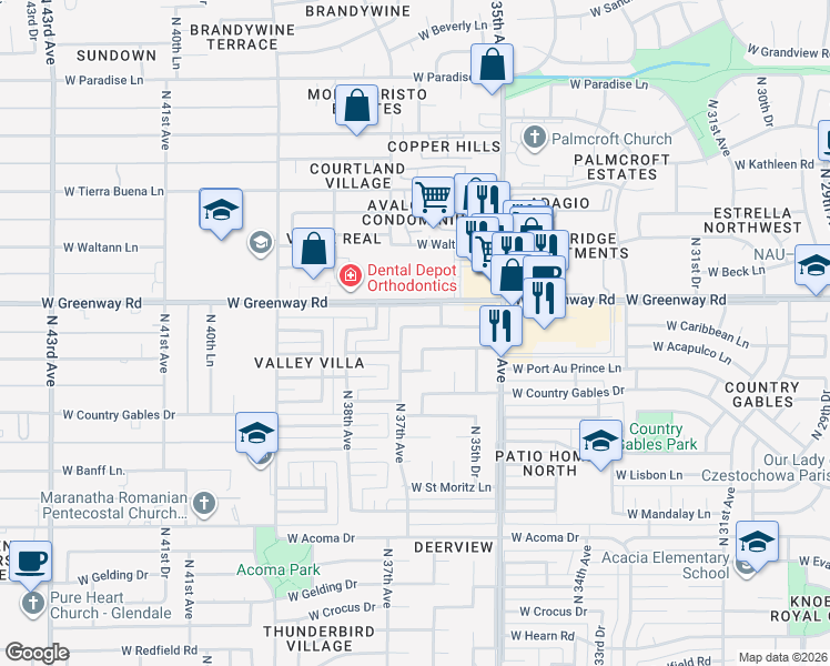 map of restaurants, bars, coffee shops, grocery stores, and more near 3620 West Acapulco Lane in Phoenix