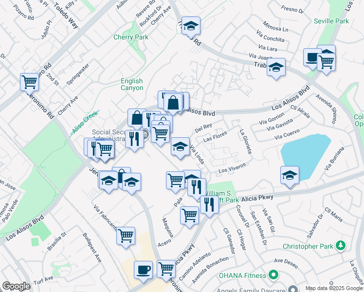 map of restaurants, bars, coffee shops, grocery stores, and more near 23281 Via Linda in Mission Viejo