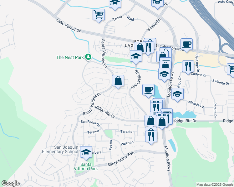 map of restaurants, bars, coffee shops, grocery stores, and more near 23282 Caminito Marcial in Laguna Hills