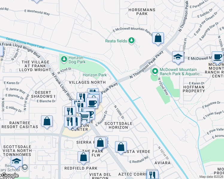 map of restaurants, bars, coffee shops, grocery stores, and more near 15184 North 100th Place in Scottsdale