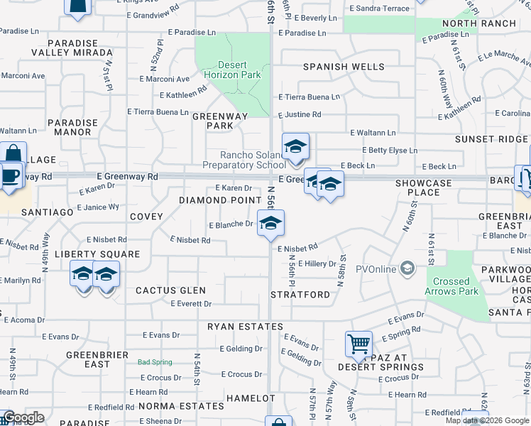 map of restaurants, bars, coffee shops, grocery stores, and more near 5542 East Blanche Drive in Scottsdale