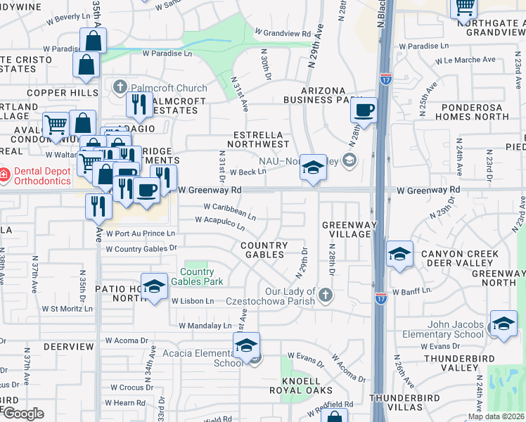 map of restaurants, bars, coffee shops, grocery stores, and more near 15202 North 30th Drive in Phoenix