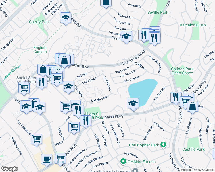 map of restaurants, bars, coffee shops, grocery stores, and more near 23291 Vía Mirlo in Mission Viejo