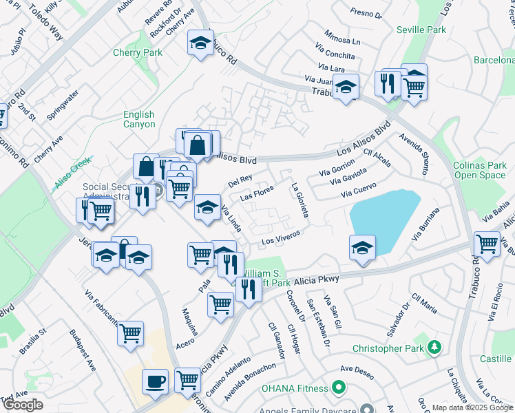 map of restaurants, bars, coffee shops, grocery stores, and more near 26162 La Real in Mission Viejo
