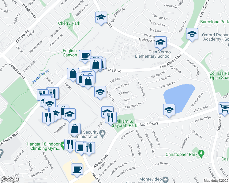 map of restaurants, bars, coffee shops, grocery stores, and more near 23301 La Crescenta in Mission Viejo