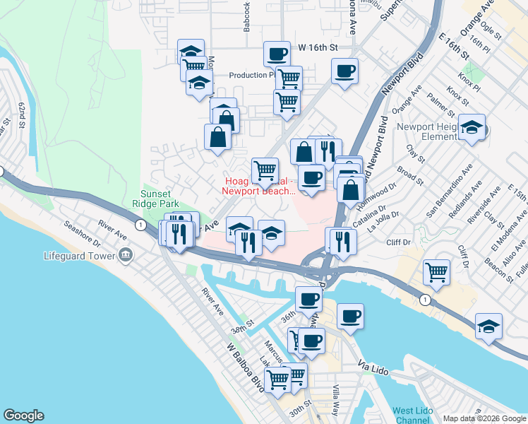 map of restaurants, bars, coffee shops, grocery stores, and more near in Newport Beach