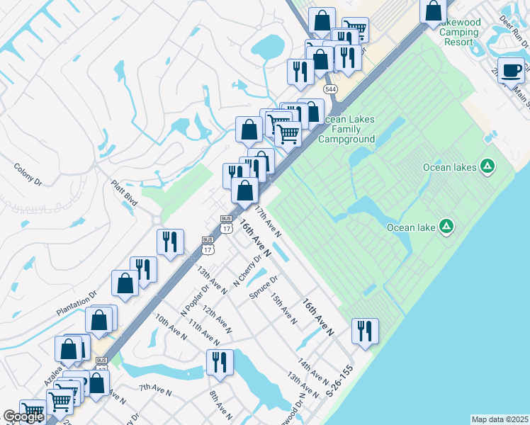 map of restaurants, bars, coffee shops, grocery stores, and more near 819 17th Avenue North in Surfside Beach