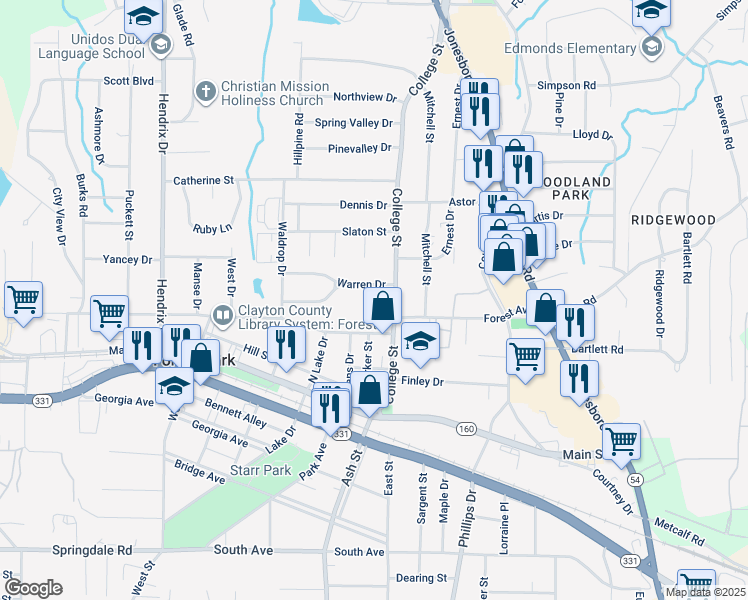 map of restaurants, bars, coffee shops, grocery stores, and more near 4777 College Street in Forest Park
