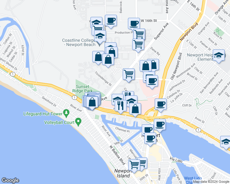 map of restaurants, bars, coffee shops, grocery stores, and more near 220 Nice Lane in Newport Beach