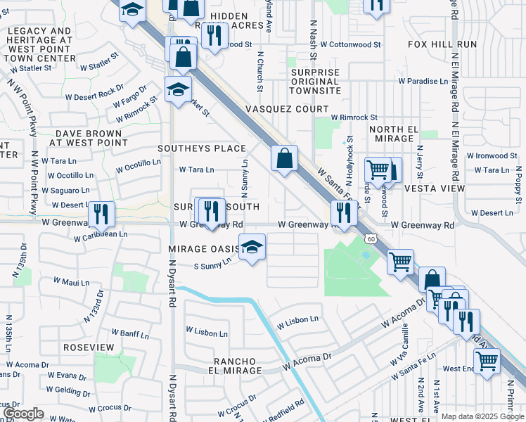 map of restaurants, bars, coffee shops, grocery stores, and more near 12826 West Greenway Road in Surprise