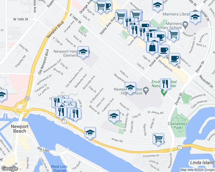 map of restaurants, bars, coffee shops, grocery stores, and more near 542 El Modena Avenue in Newport Beach