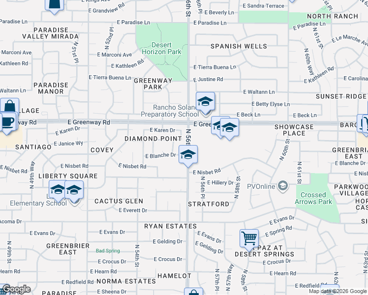 map of restaurants, bars, coffee shops, grocery stores, and more near 5542 East Blanche Drive in Scottsdale