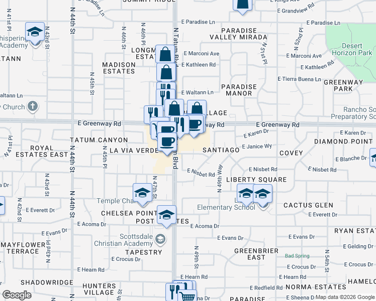 map of restaurants, bars, coffee shops, grocery stores, and more near 4826 East Blanche Drive in Scottsdale