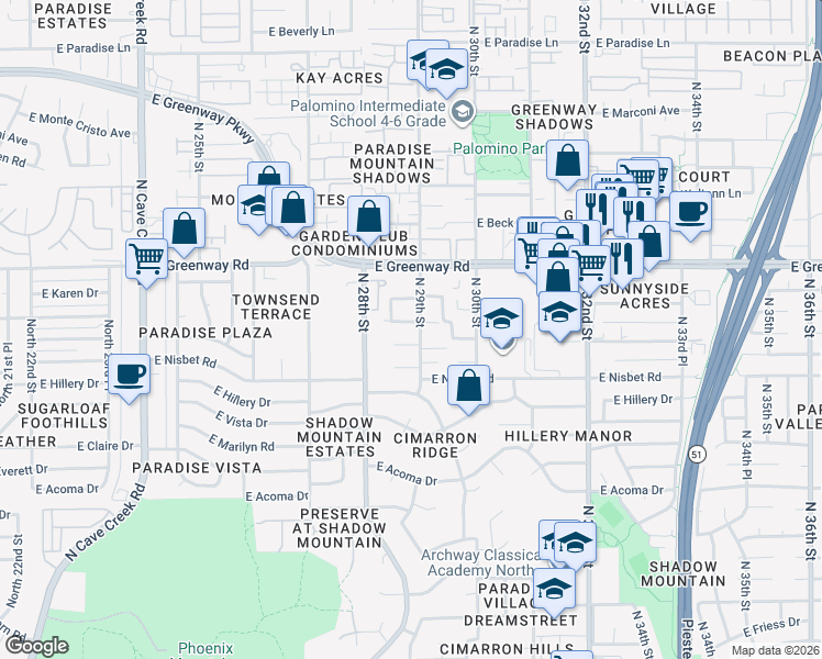 map of restaurants, bars, coffee shops, grocery stores, and more near 2848 East Blanche Drive in Phoenix