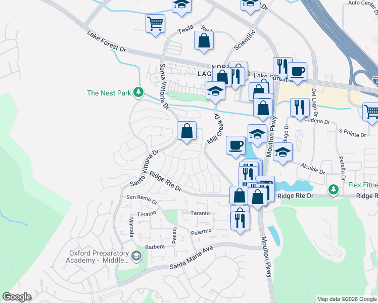 map of restaurants, bars, coffee shops, grocery stores, and more near 23282 Caminito Marcial in Laguna Hills