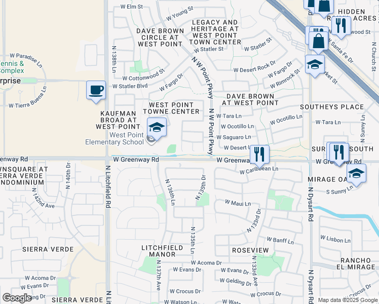 map of restaurants, bars, coffee shops, grocery stores, and more near 15484 North 136th Lane in Surprise