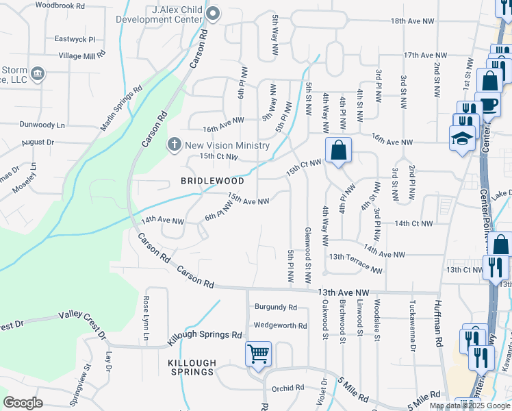 map of restaurants, bars, coffee shops, grocery stores, and more near 601 15th Avenue Northwest in Center Point