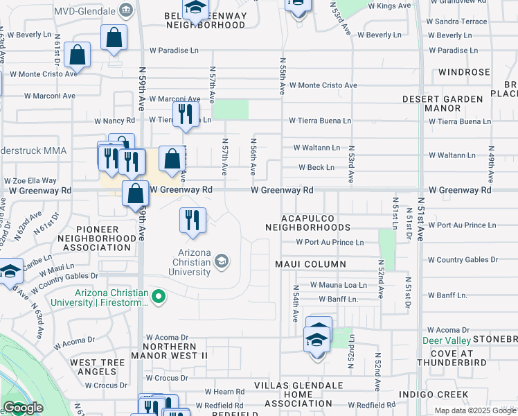 map of restaurants, bars, coffee shops, grocery stores, and more near 15301 North 57th Avenue in Glendale