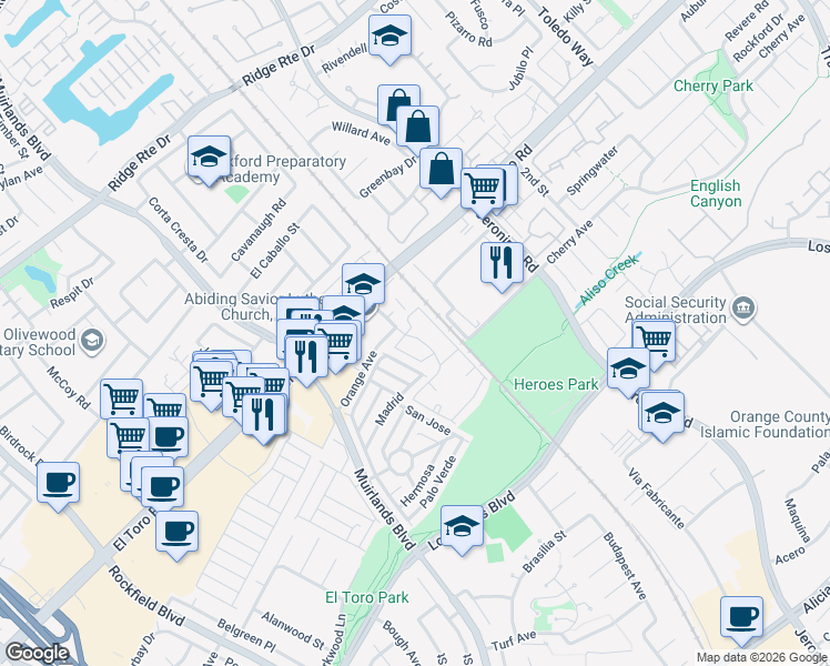 map of restaurants, bars, coffee shops, grocery stores, and more near 23218 Whisler Drive in Lake Forest
