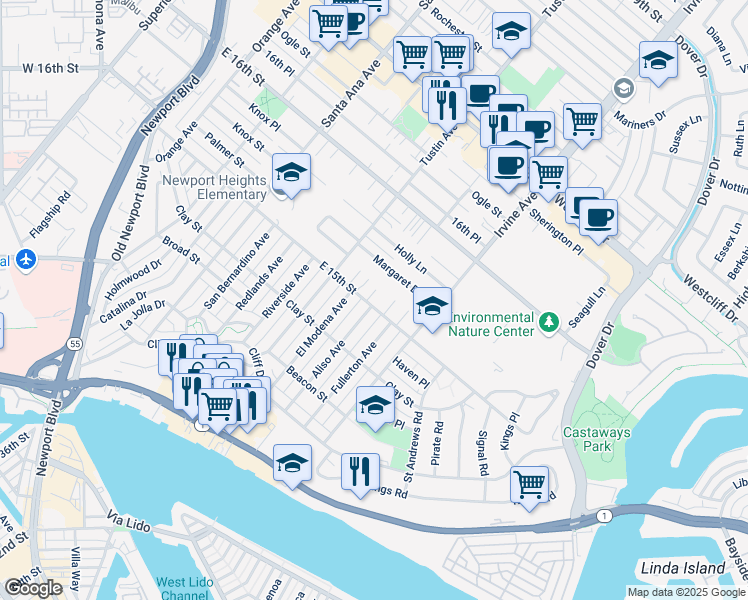 map of restaurants, bars, coffee shops, grocery stores, and more near 600 Powell Place in Newport Beach