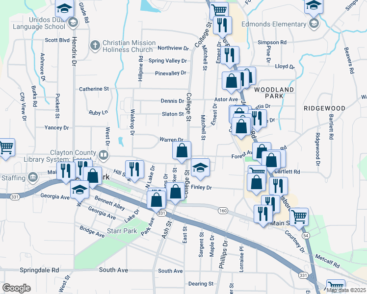 map of restaurants, bars, coffee shops, grocery stores, and more near 4775 College Street in Forest Park
